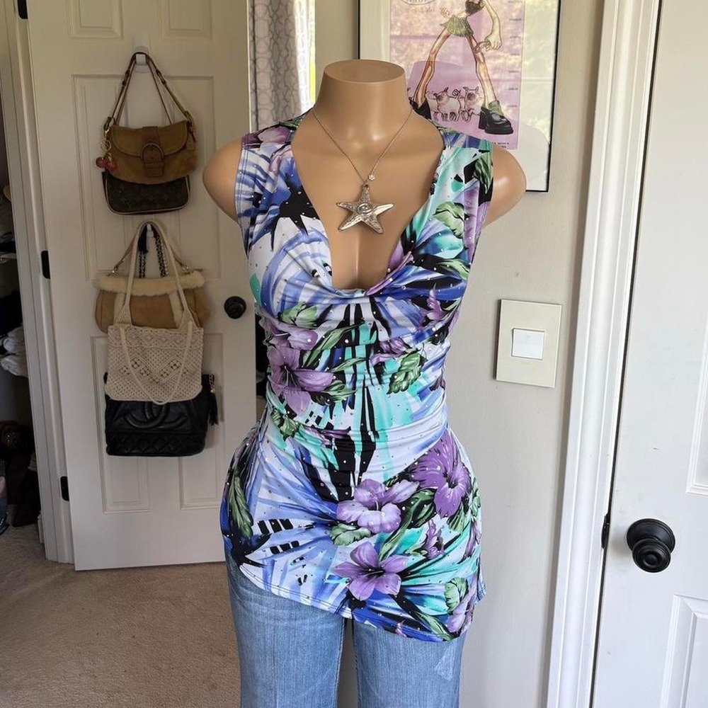 Y2K 2000s fairy avant garde Purple Tropical Floral Cowl Neck draped tank Top